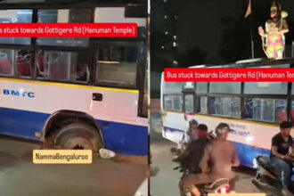 BMTC bus stuck in pothole