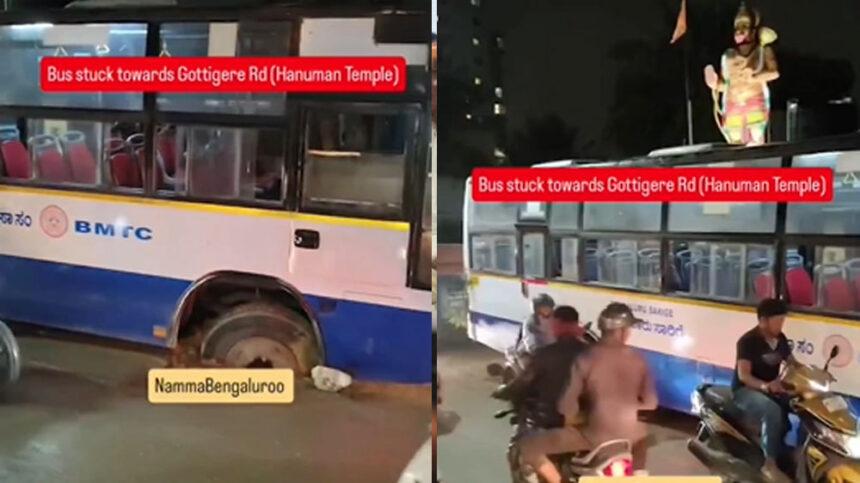 BMTC bus stuck in pothole